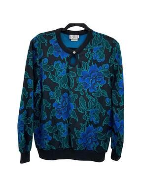 Cricket Lane VIntage Pullover Sweater Size Large Black Blue Floral Crewneck